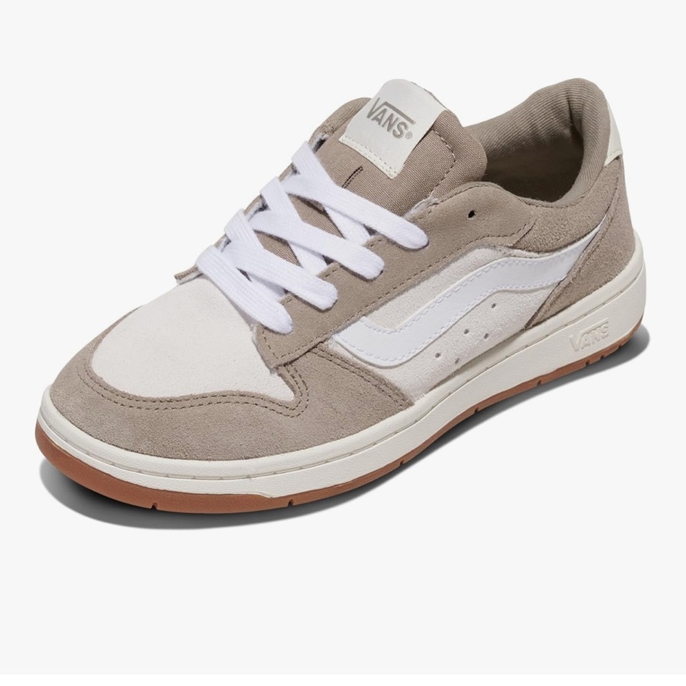 Tan and White Low-Top Sneakers with Suede and Leather
